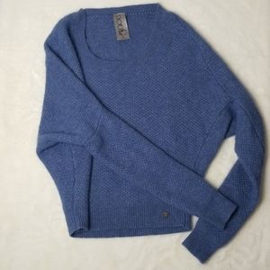 Blue wool/cashmere off the shoulder crop sweater